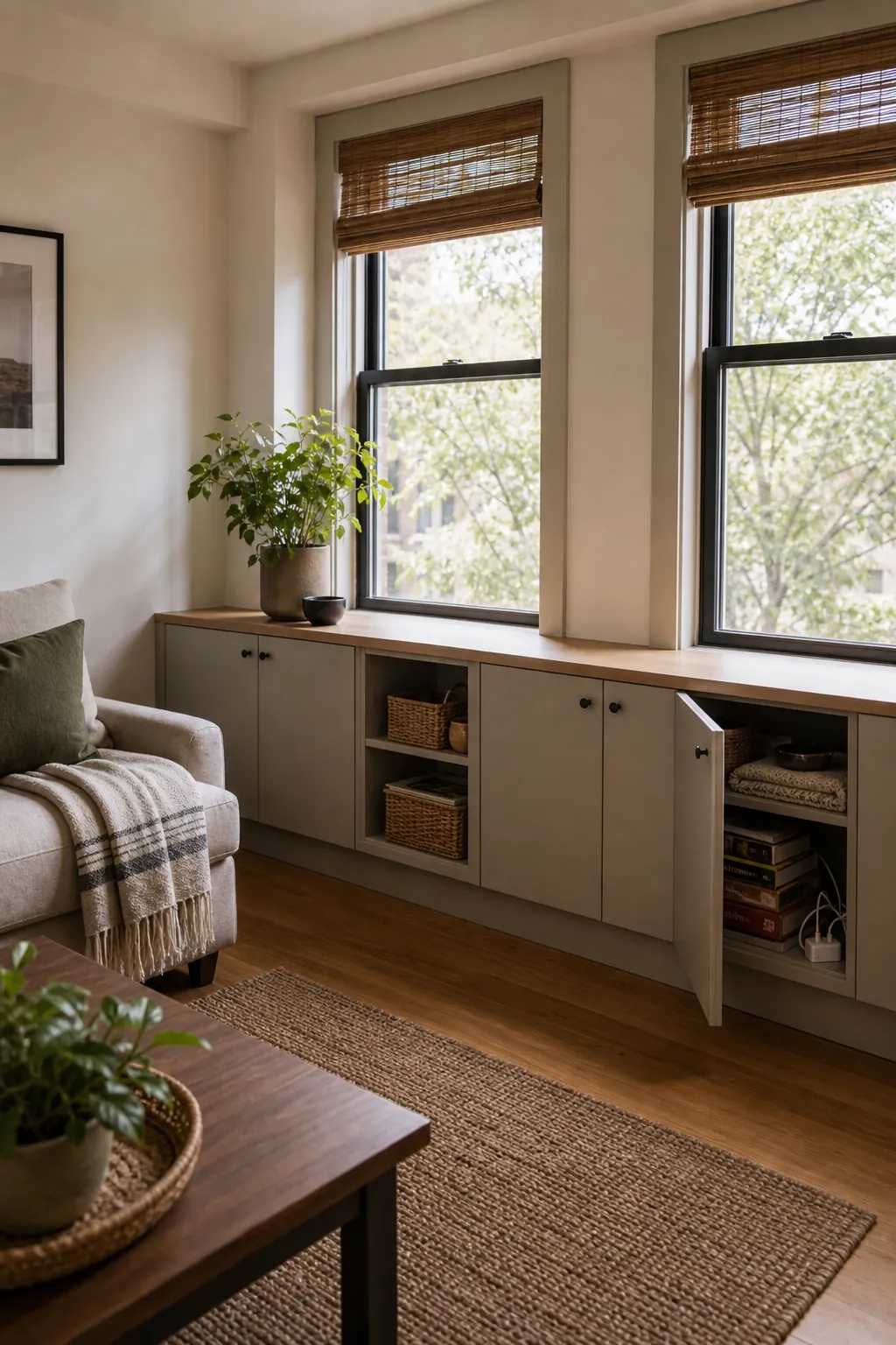 Low built in cabinet under windows for awkward space storage in a small living room