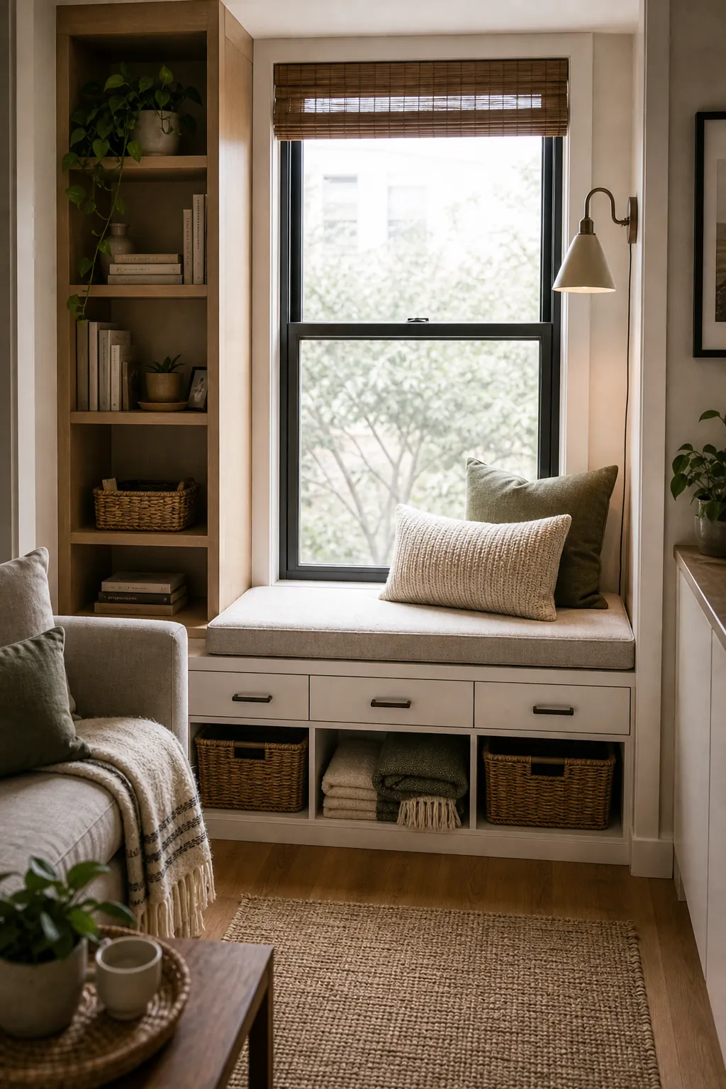 Under window reading nook with built in storage shelves and bench drawers