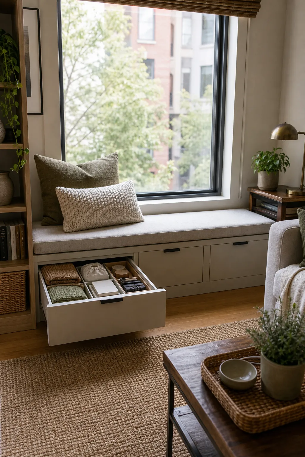 Under window storage bench with drawers for blankets books and small space storage