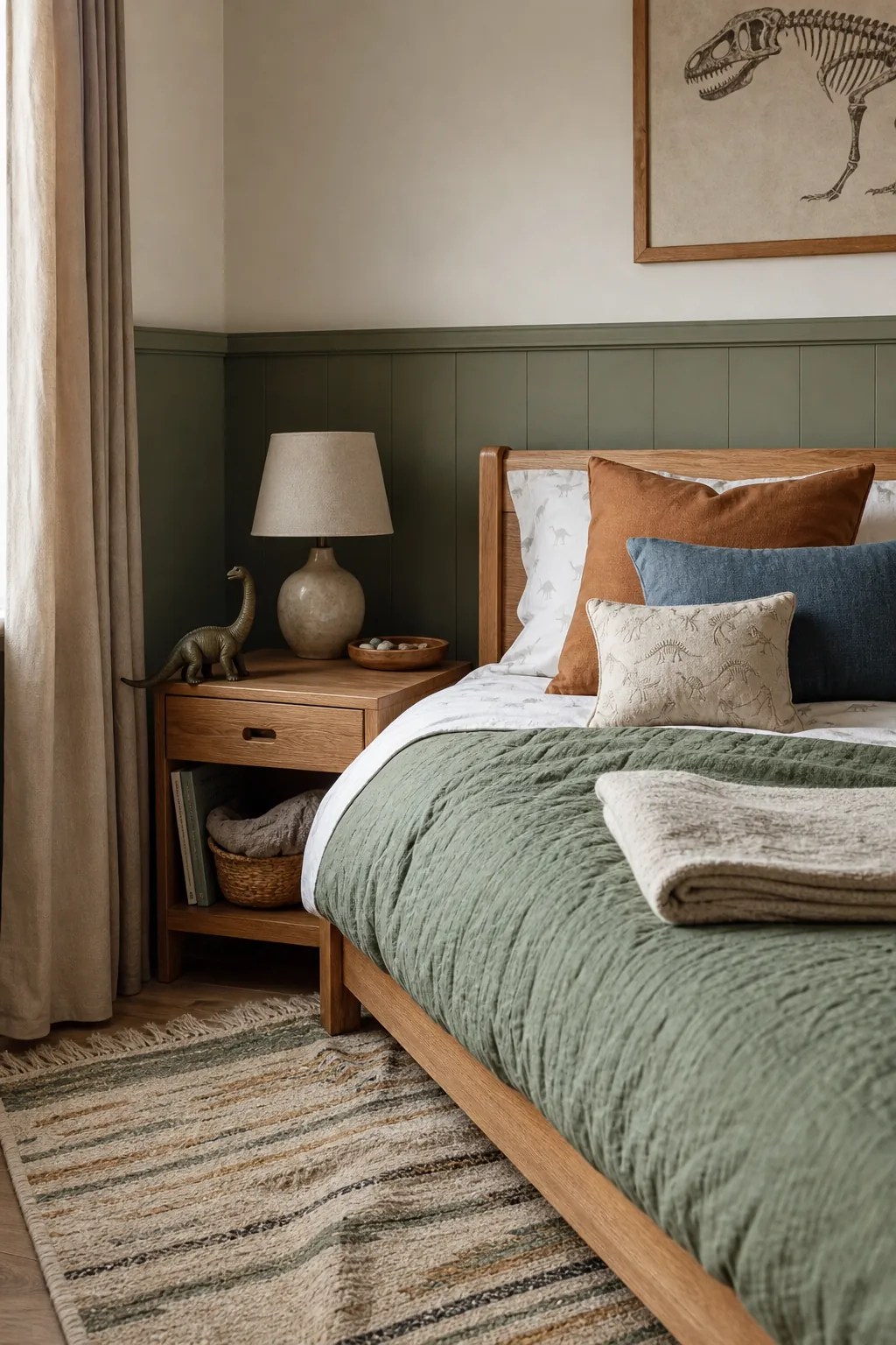 Muted dinosaur bedroom palette with sage paneling, clay pillows, fossil textures, and layered bedding