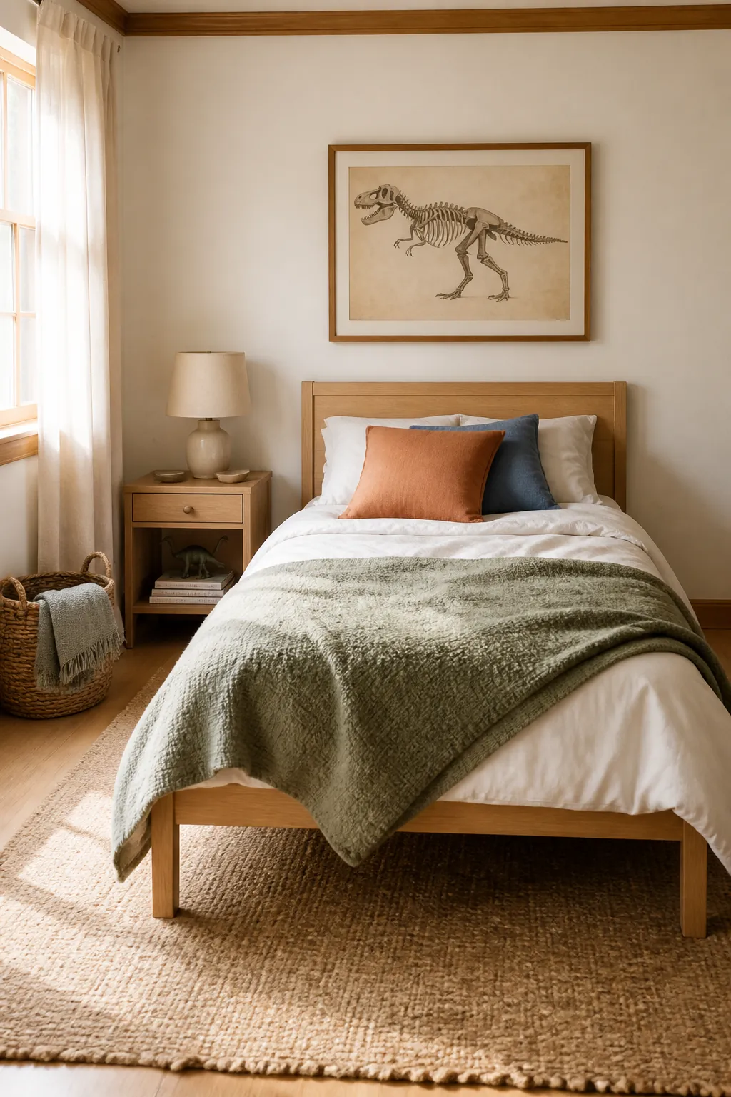 Neutral dinosaur bedroom with oak bed, sage blanket, fossil wall art, and calm kids room styling