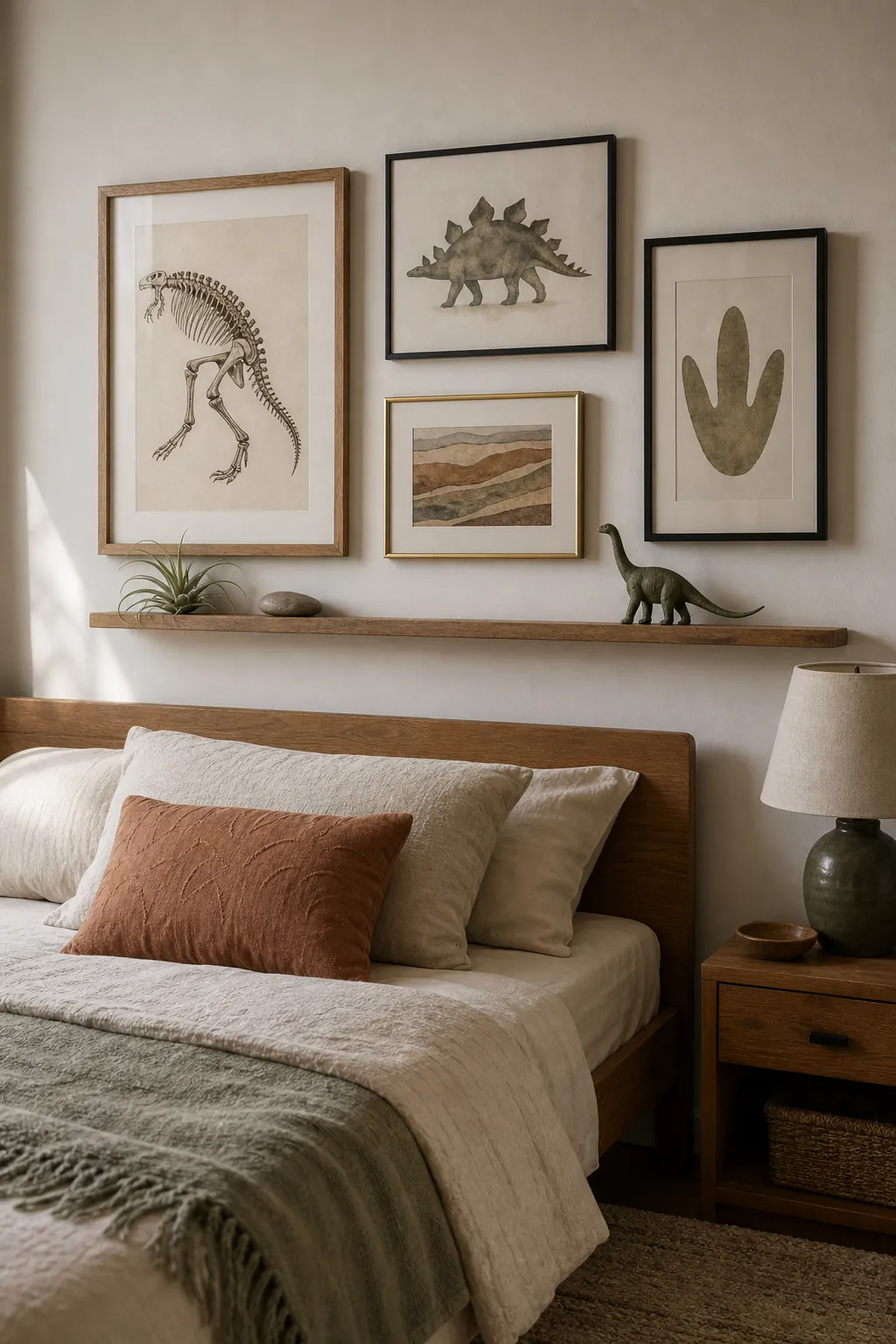 Stylish dinosaur wall art gallery above a kids bed with fossil prints, footprint art, and natural wood frames