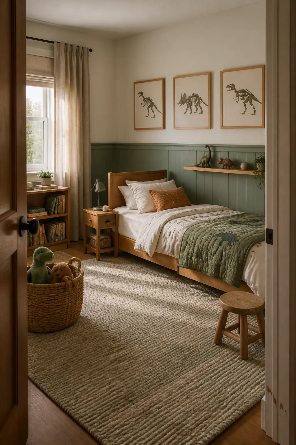 Stylish dinosaur bedroom with sage wall paneling, oak bed, framed fossil art, and neutral kids room decor