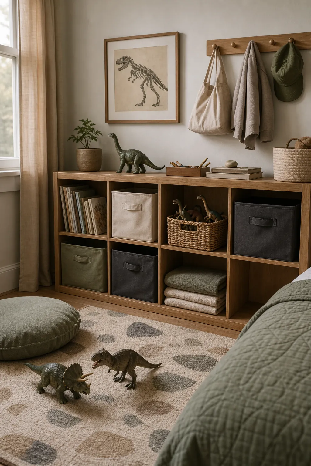 Dinosaur bedroom play zone with oak cubbies, fabric bins, toy basket, hooks, and muted kids room decor