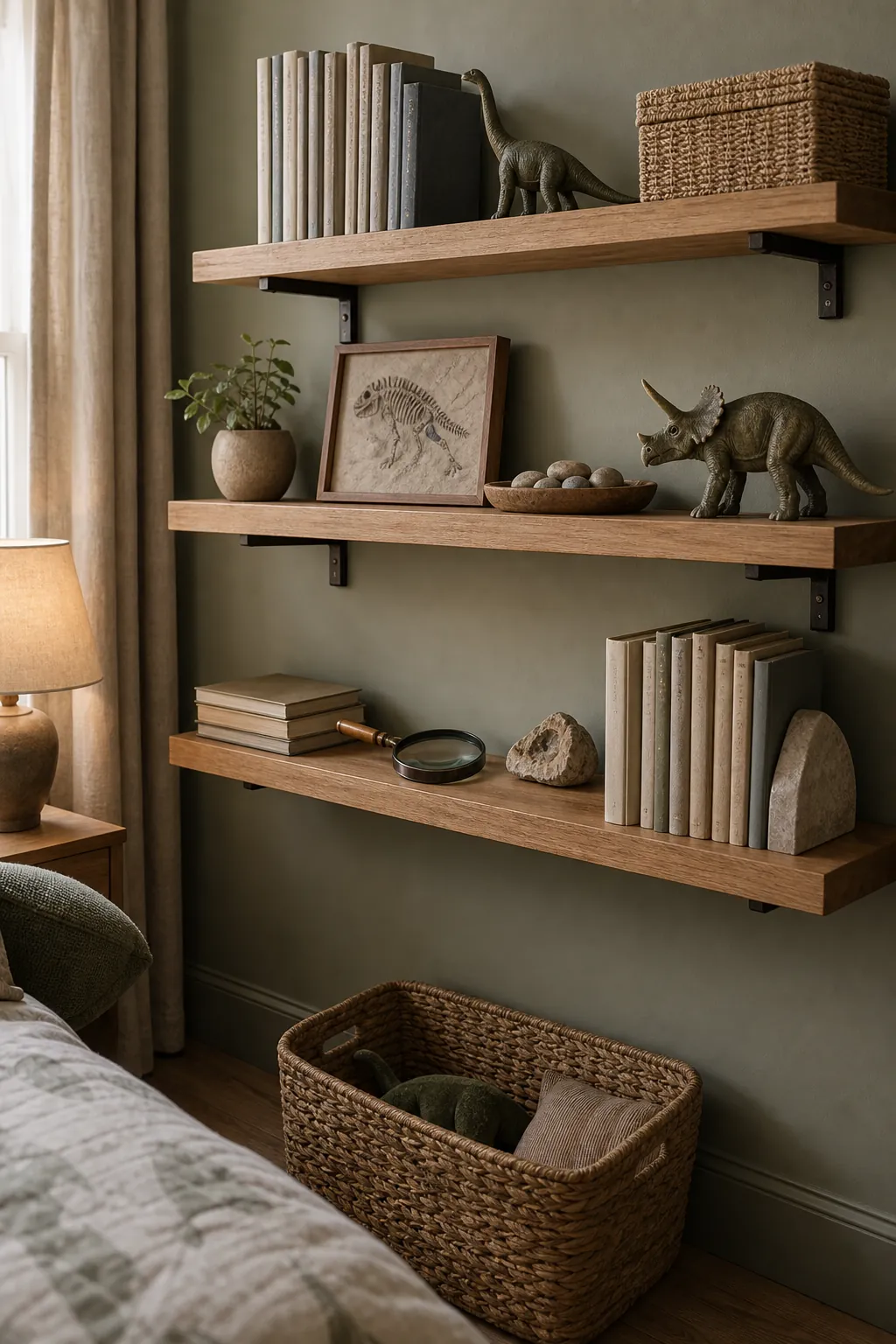 Dinosaur bedroom shelves styled with realistic figurines, fossil art, stones, books, baskets, and plants