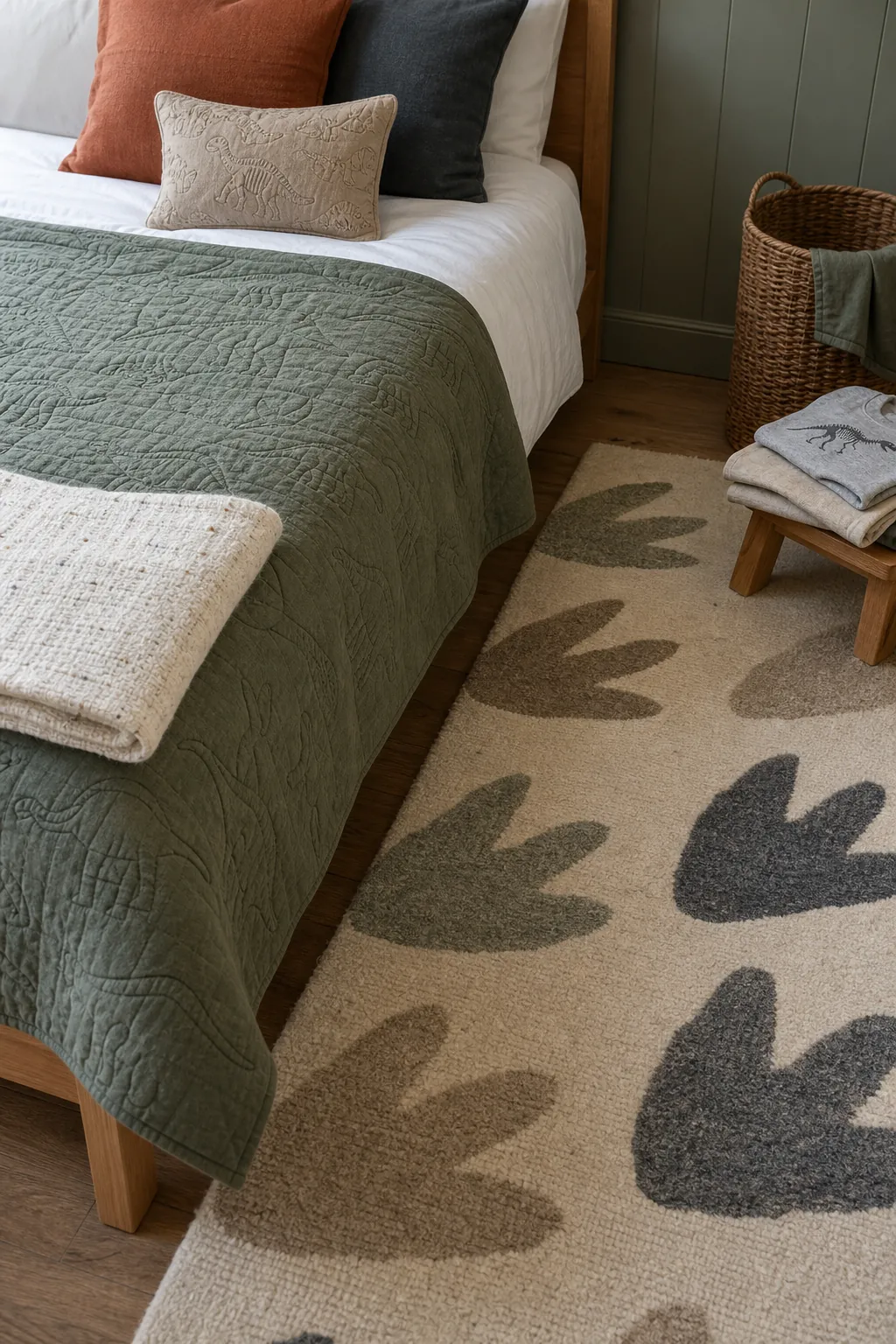Dinosaur bedroom bedding with sage quilt, fossil pillow, and footprint-inspired rug in muted colors