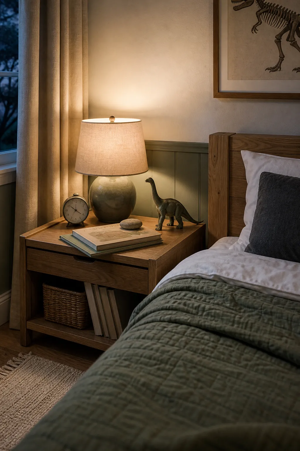 Calm dinosaur bedroom nightstand with warm lamp, small dinosaur figure, books, and cozy bedding