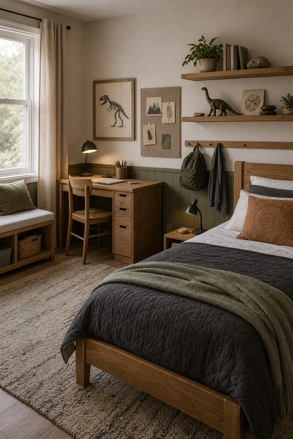 Age-flexible dinosaur bedroom with oak bed, study desk, fossil art, shelves, and mature kids room styling