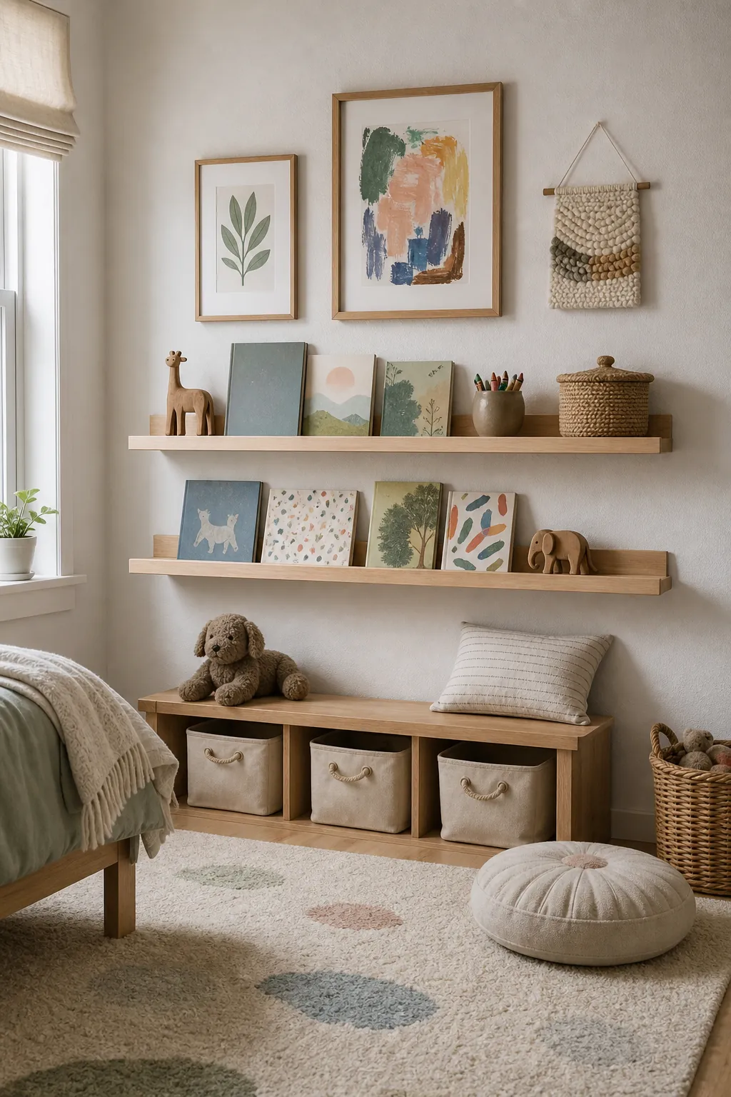 Kids wall art displayed above picture ledge shelves with a soft rug and bench storage