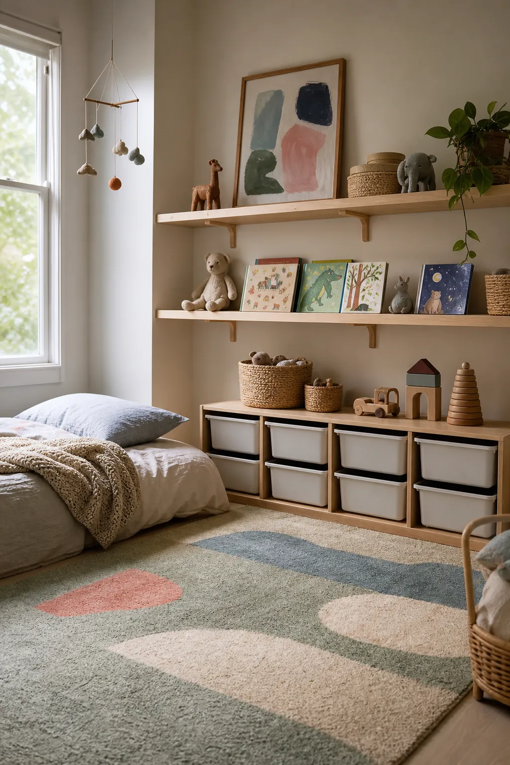 Cozy kids room with wall shelves, framed art, soft rug, and tidy bedroom storage