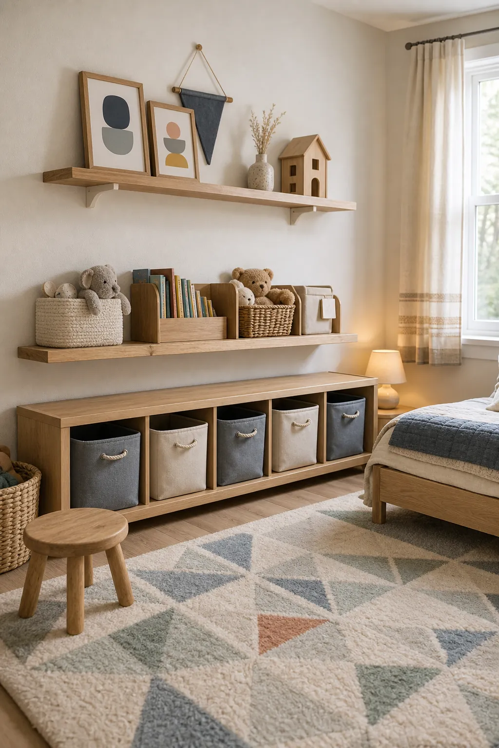 Kids room wall shelves above low storage bins with a patterned soft rug