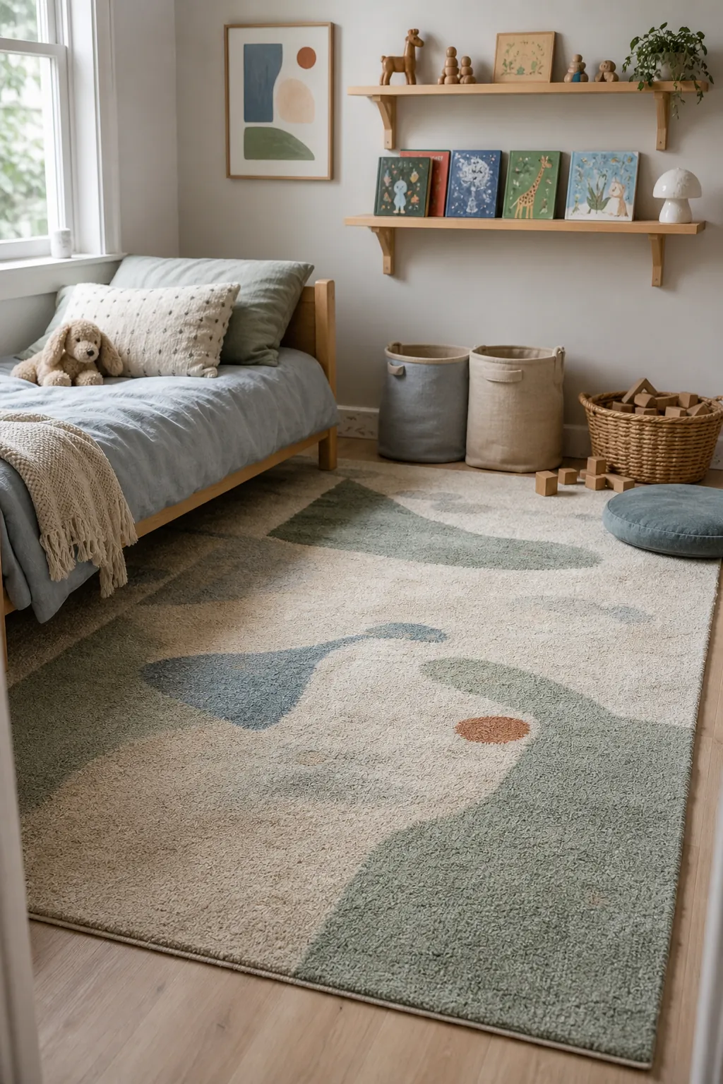 Kids room with a soft low-pile rug, wall shelves, art, books, and tidy storage bins
