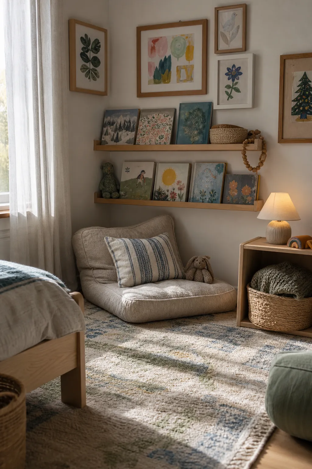 Kids reading nook with wall shelves, framed art, floor cushion, and soft rug