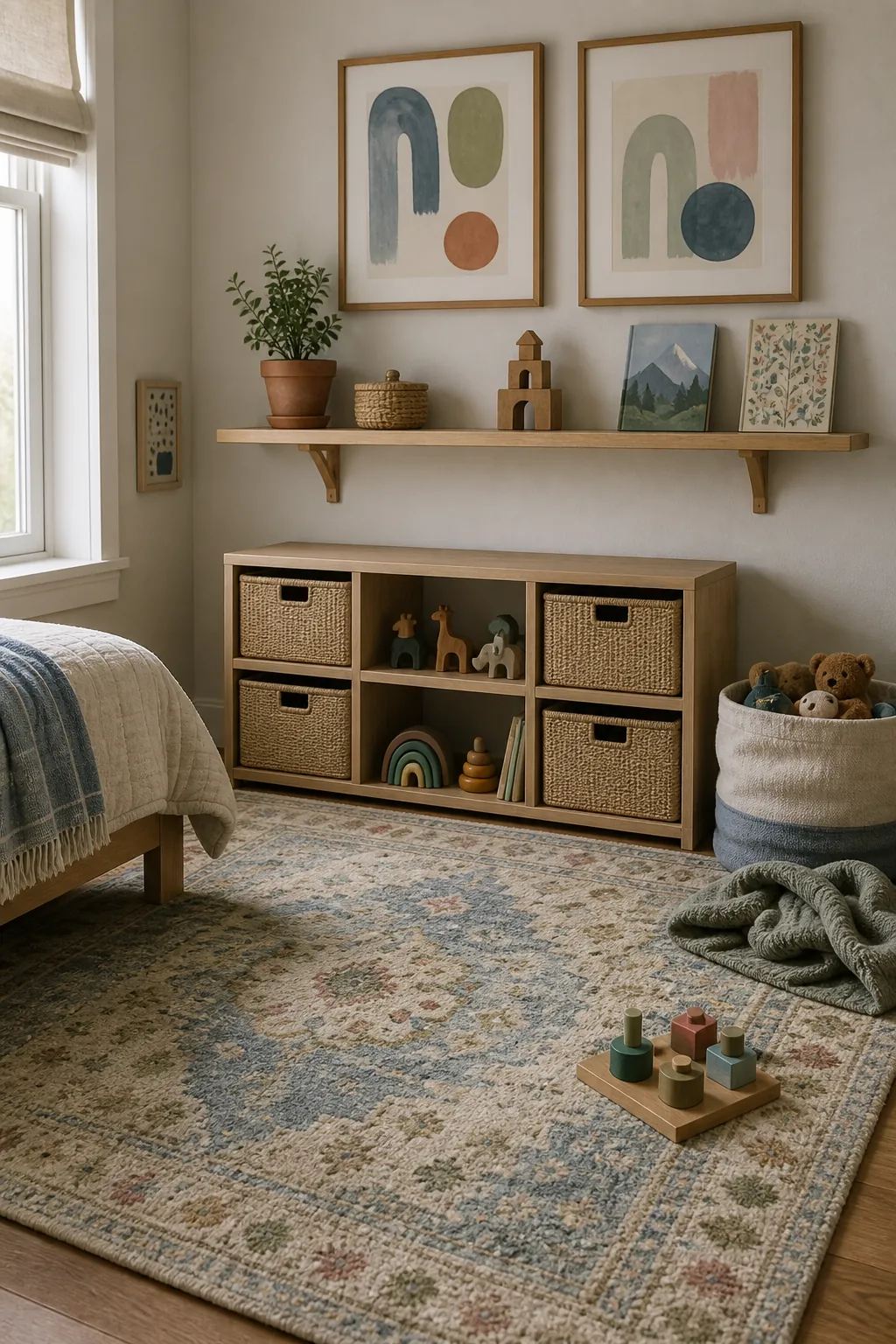 Kids bedroom palette with framed wall art, soft patterned rug, shelves, and woven storage