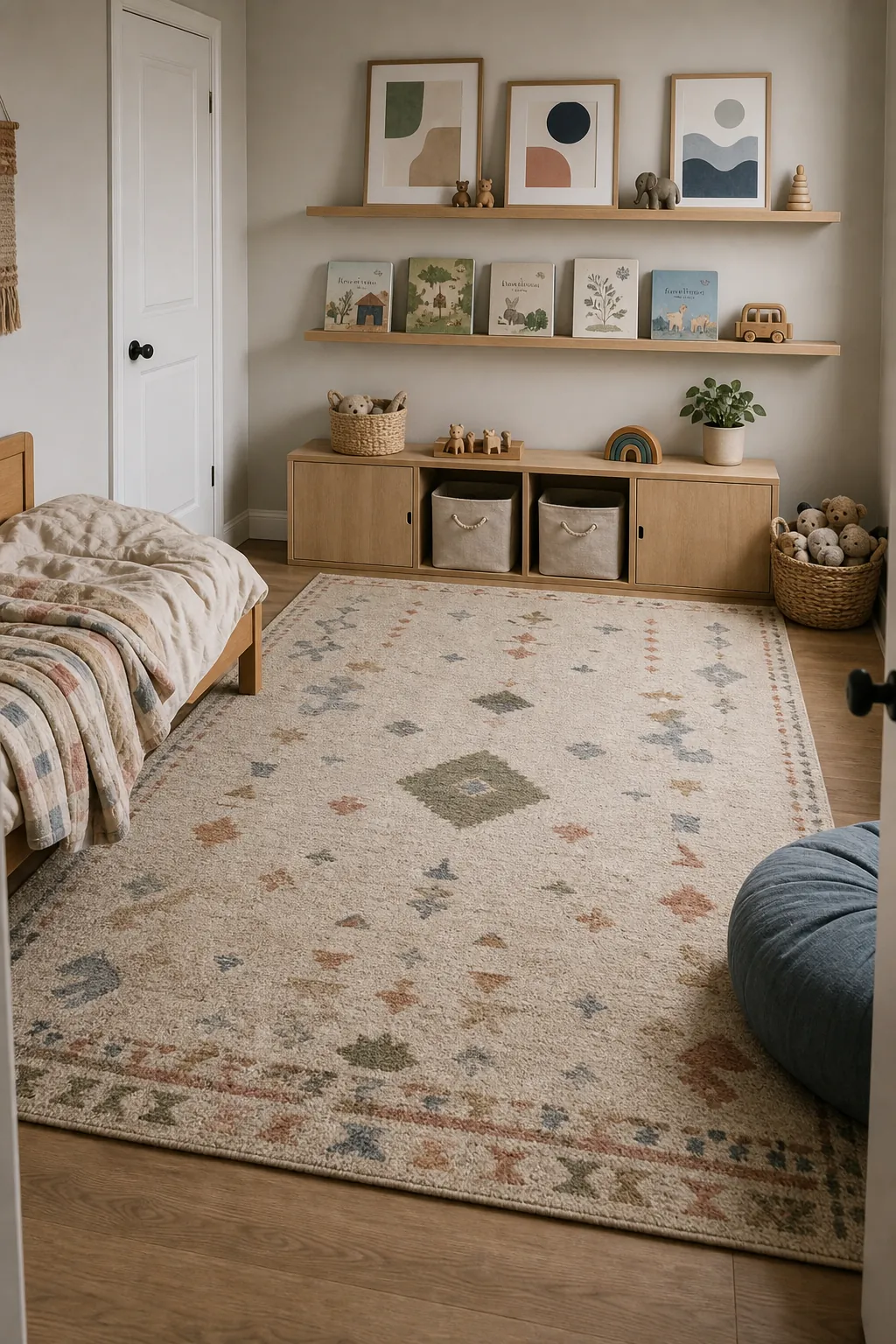 Compact kids bedroom with open play space on a soft rug and shelves above storage