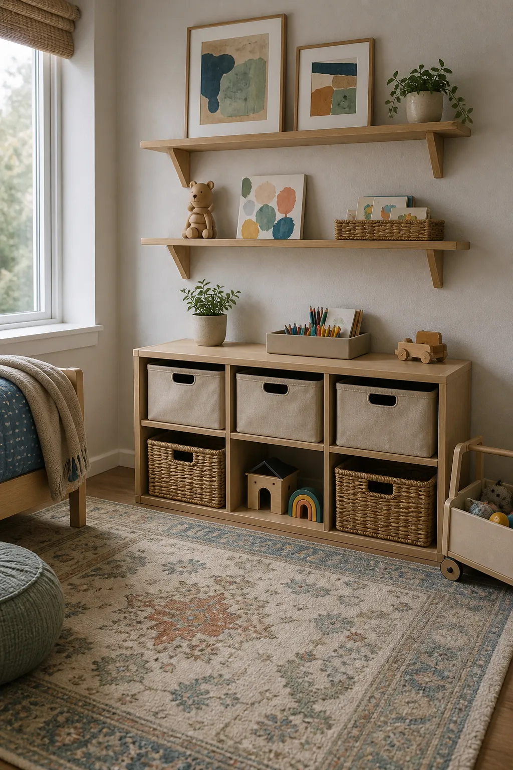 Kids room rotating shelf storage with baskets, art supplies, wall shelves, and soft rug