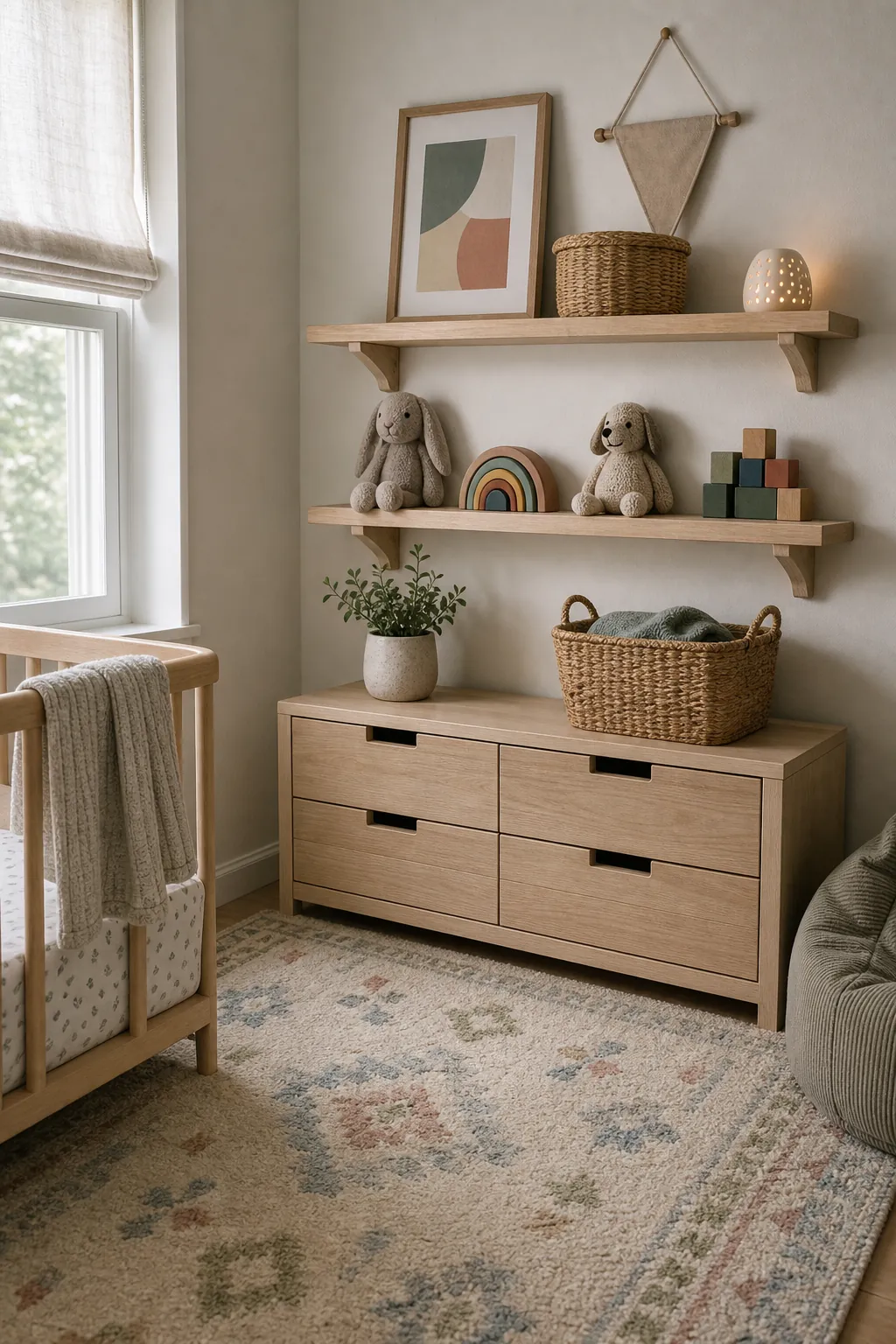 Nursery corner that can grow into a kids room with wall shelves, soft rug, art, and storage