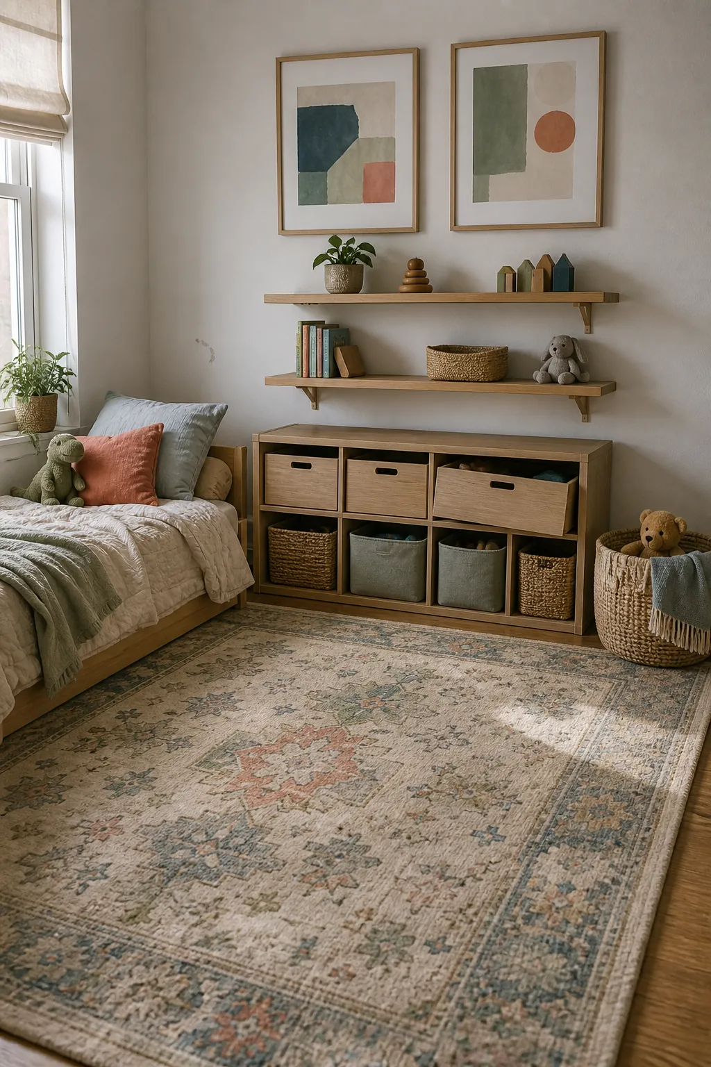 Finished kids room corner with art, shelves, soft rug, storage baskets, and calm styling