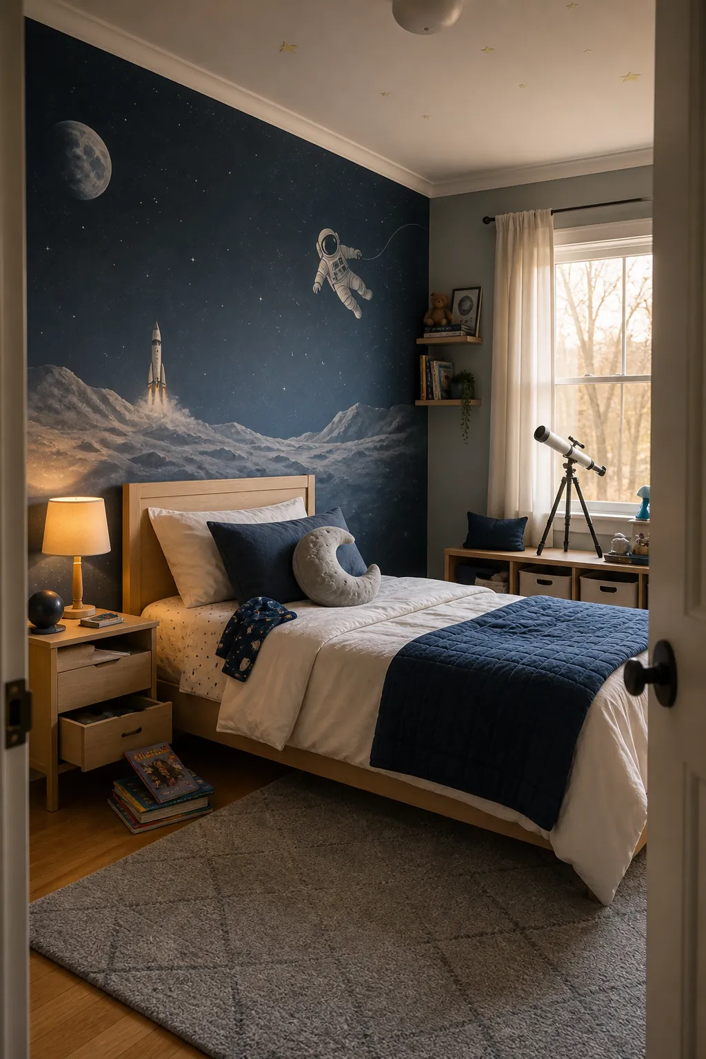 Imaginative astronaut bedroom with a calm space theme for a child
