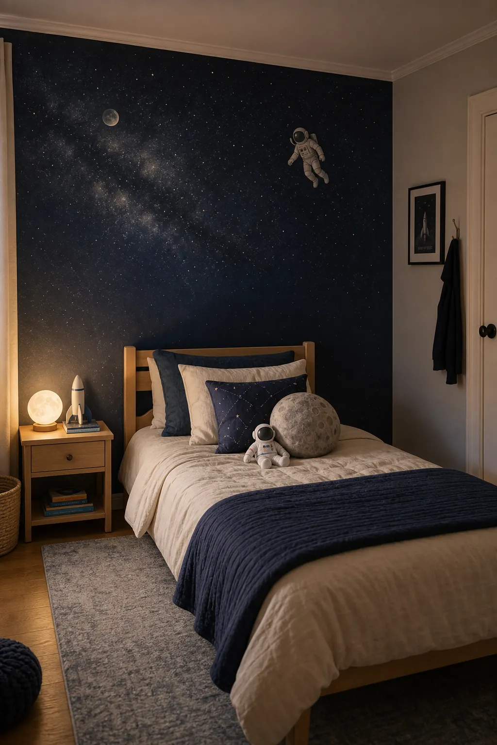 Astronaut bedroom with a calm galaxy feature wall behind the bed