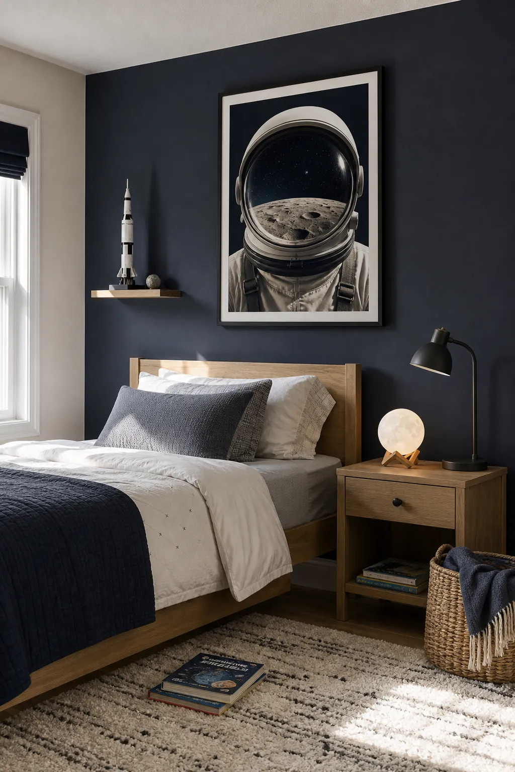 Astronaut bedroom with a focused helmet wall art moment and simple bedding