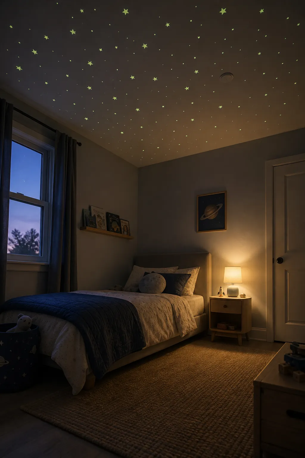 Kids space bedroom with soft glow stars across the ceiling