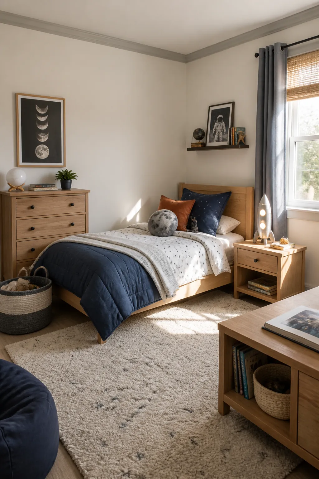 Space bedroom with grounded colors wood furniture and astronaut accents
