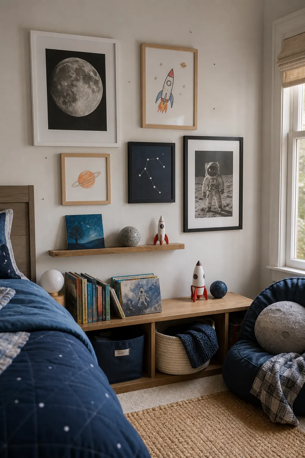 Astronaut bedroom wall art with framed rockets planets and child drawings