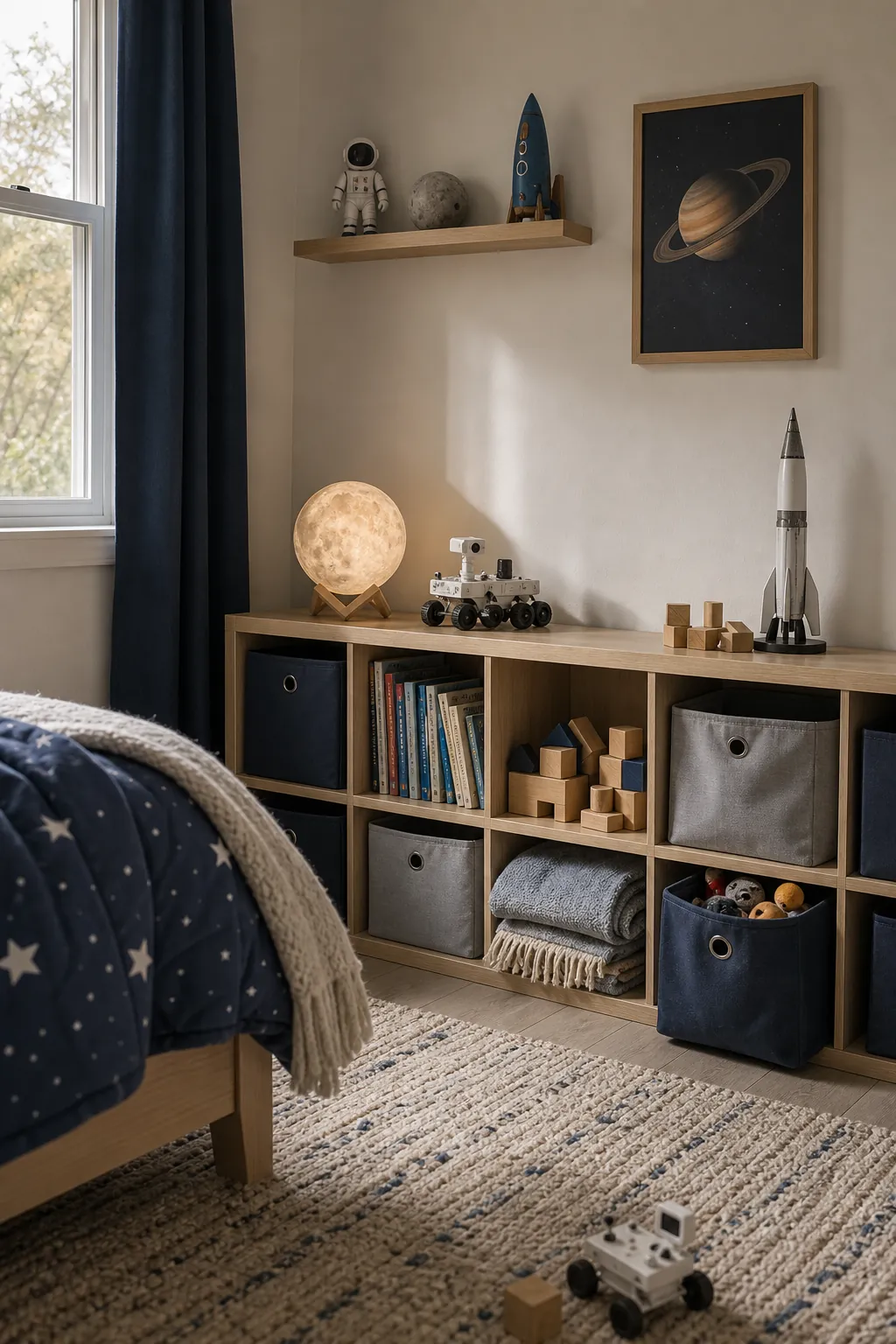 Astronaut bedroom with organized mission style storage and low kid friendly bins
