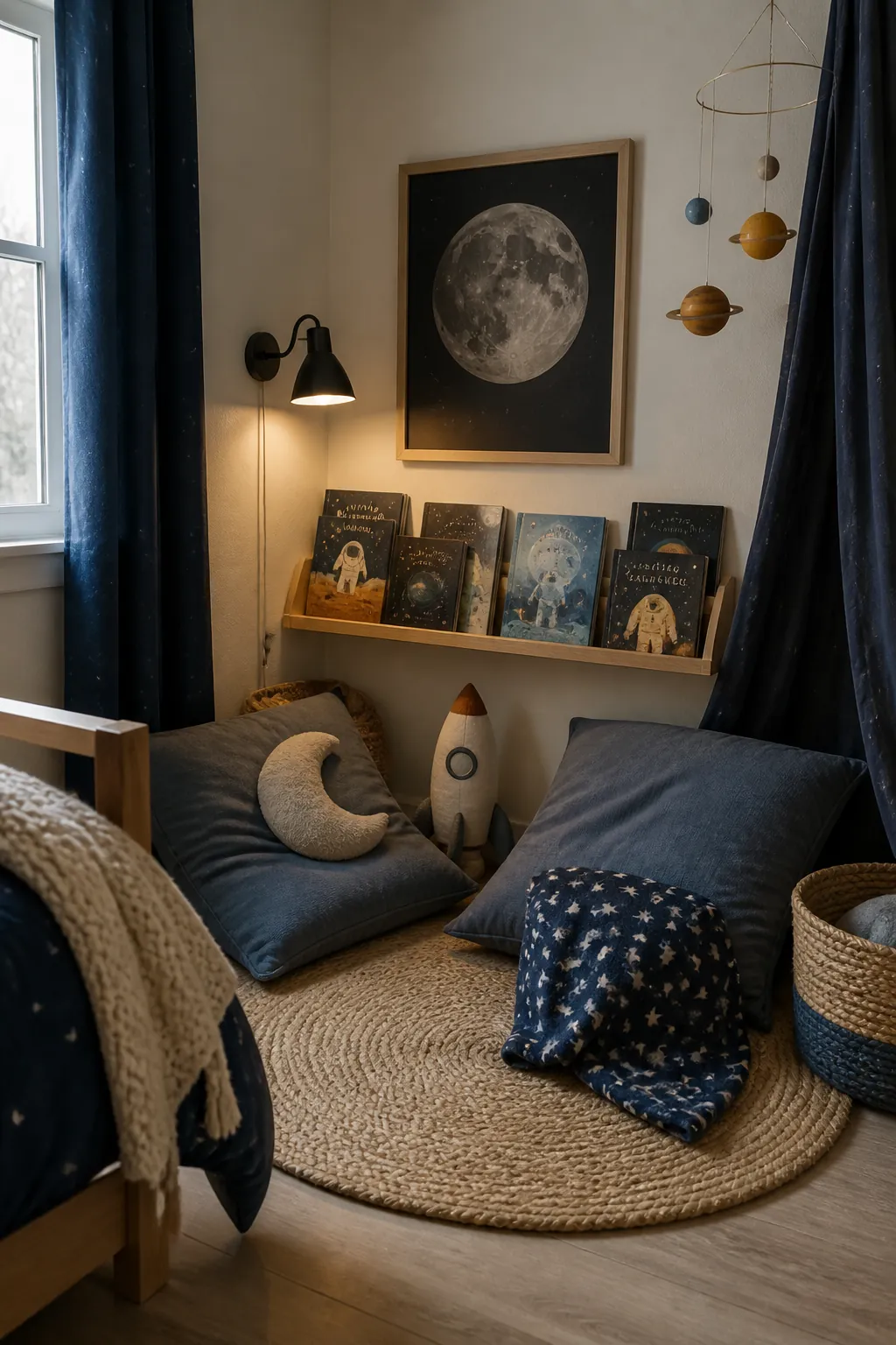 Astronaut themed reading corner with floor cushions books and moon wall art