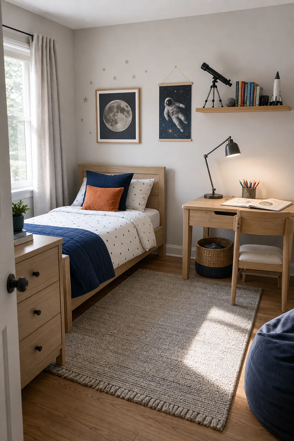 Astronaut bedroom designed to grow with neutral furniture and flexible space decor