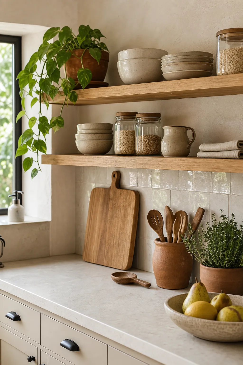 Natural kitchen with wood open shelves, ceramic dishes, and trailing greenery