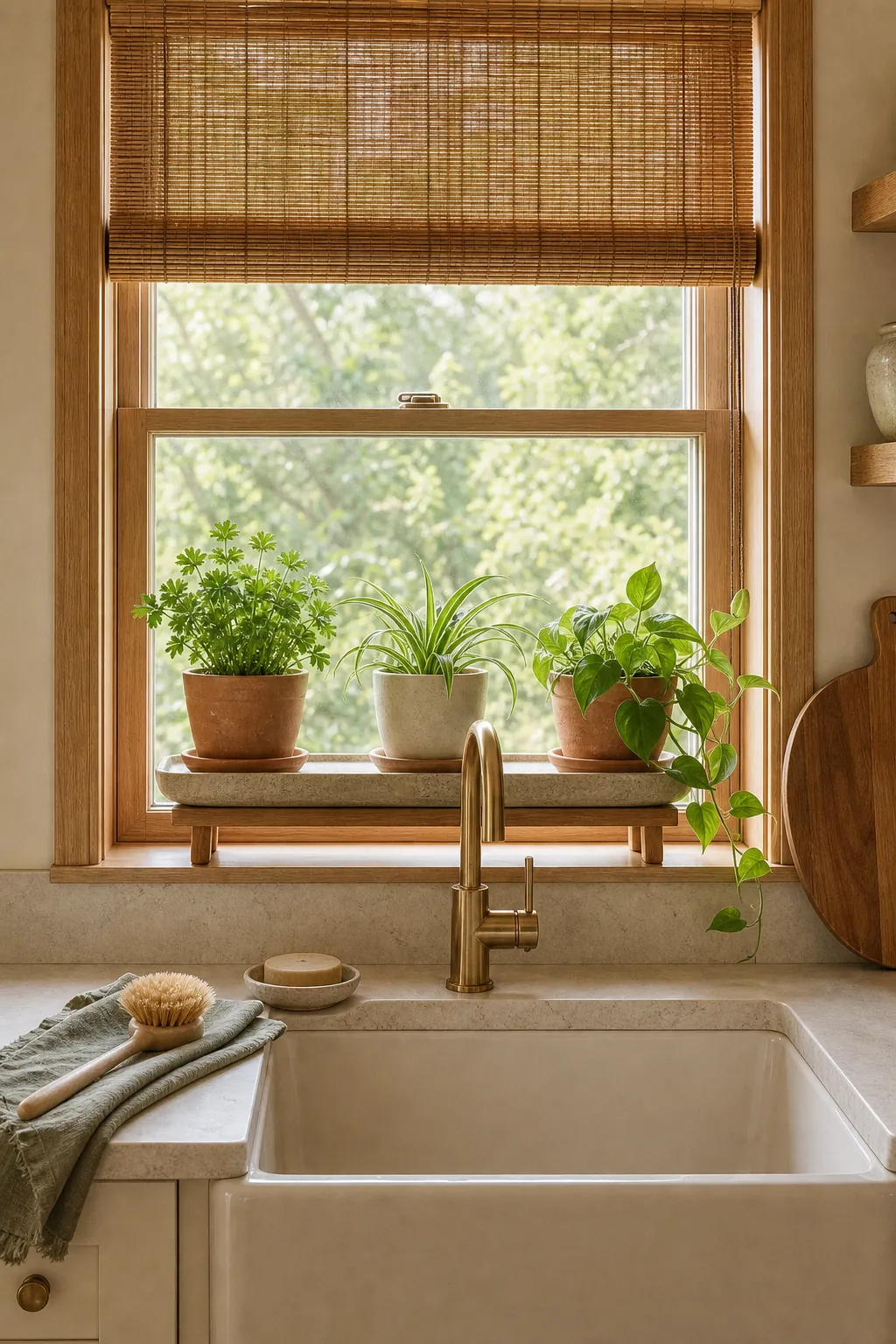 Kitchen sink window styled with herbs, pothos, terracotta pots, and warm wood accents