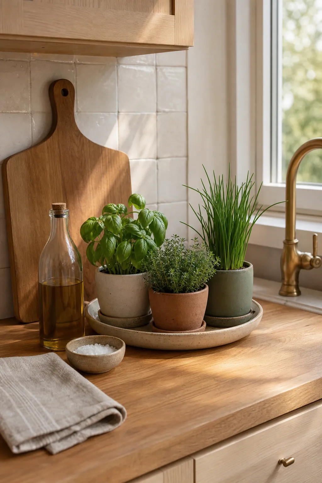 Wood kitchen counter with ceramic herb pots, a cutting board, and organic kitchen decor