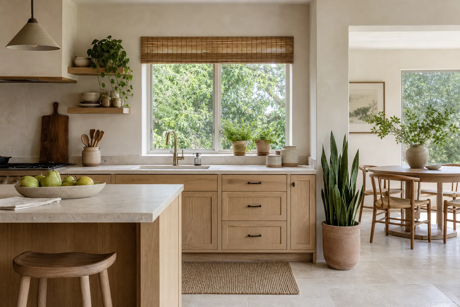 Natural kitchen with warm wood cabinets, greenery, window herbs, and organic decor
