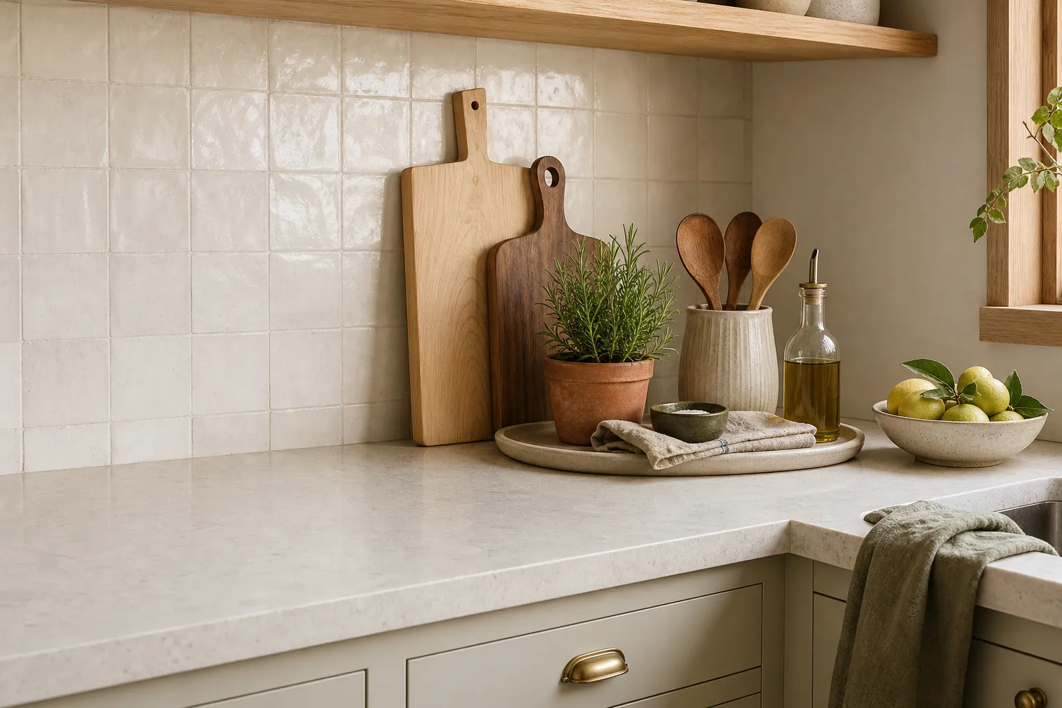 Organic kitchen counter with wood cutting board, ceramic tray, herbs, and clear prep space