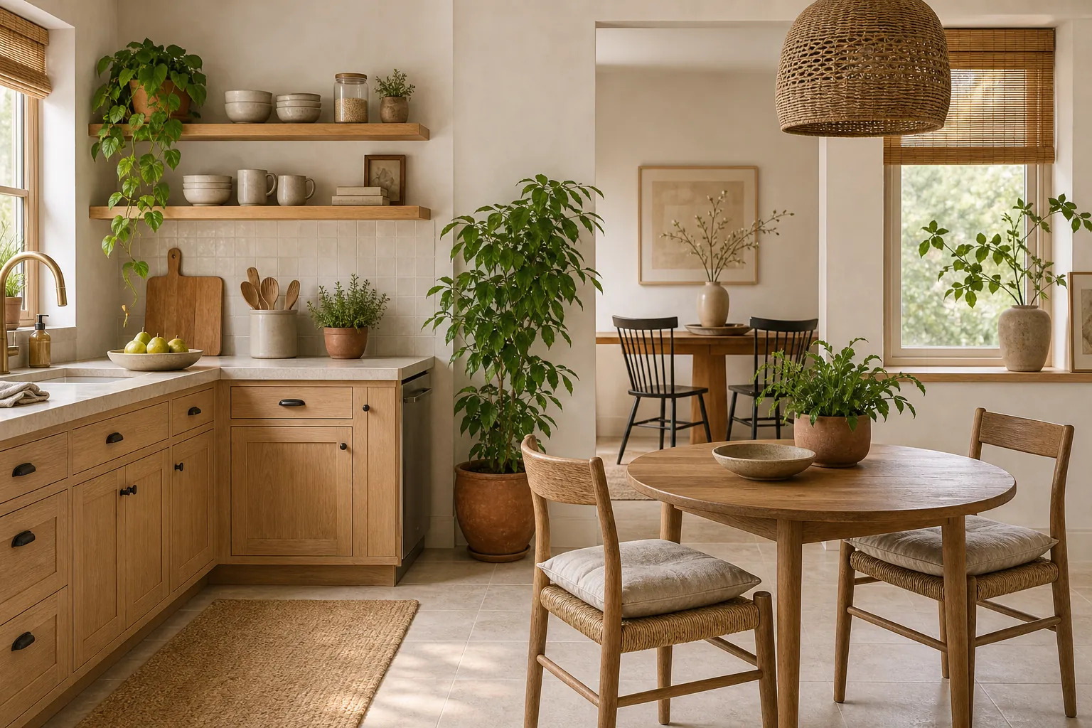 Natural kitchen and dining corner with wood table, woven chairs, greenery, and soft organic decor