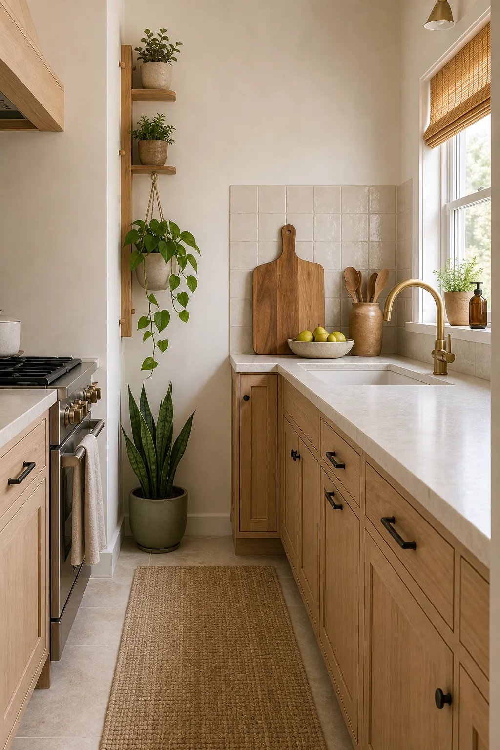 Small natural kitchen styled with vertical plant storage, wood shelves, ceramic pots, and clear counters