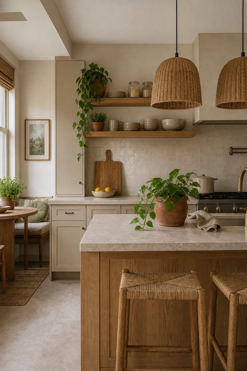 Clean practical boho kitchen with warm wood, plants, open shelving, and breakfast nook