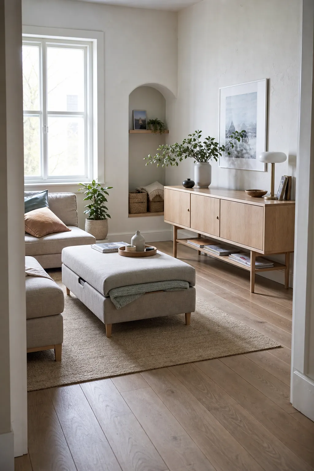 Airy small living room using lightweight storage furniture without visual heaviness
