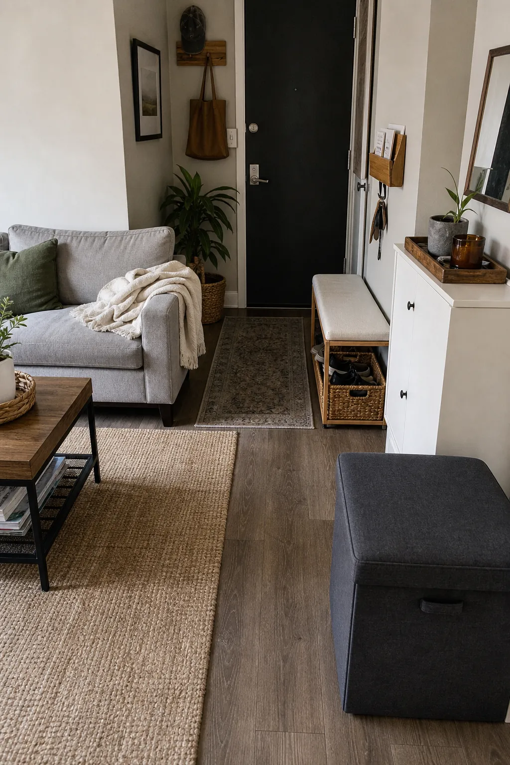 Small apartment living area with calm hidden storage, baskets, and a compact drop zone for daily clutter