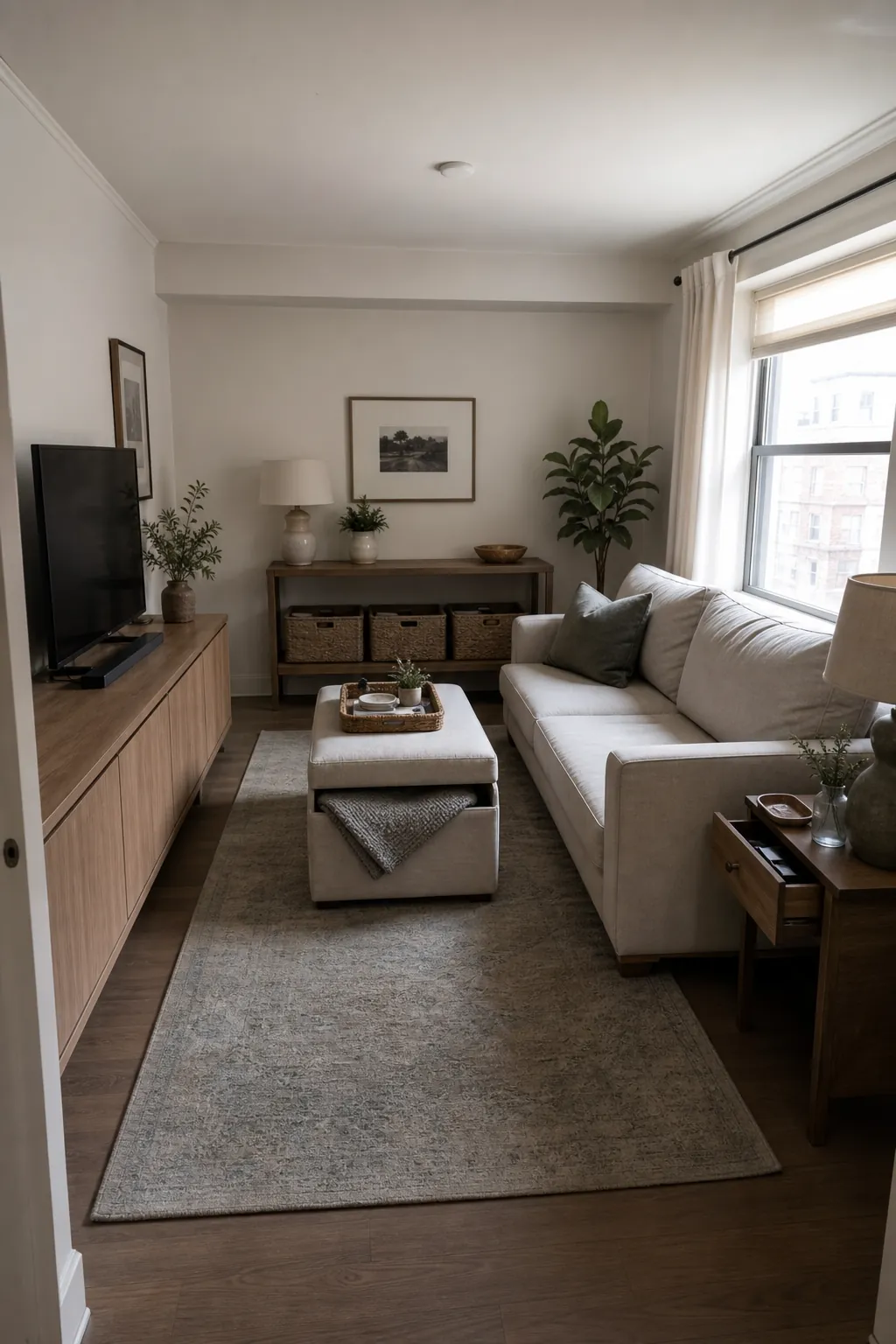Clutter free small living room with hidden storage and calm furniture layout