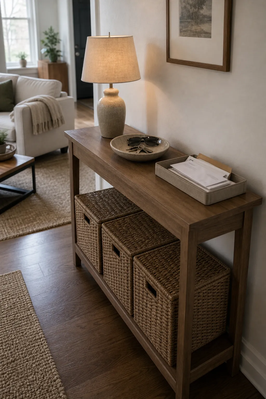 Lidded basket storage under a narrow console in a small living room