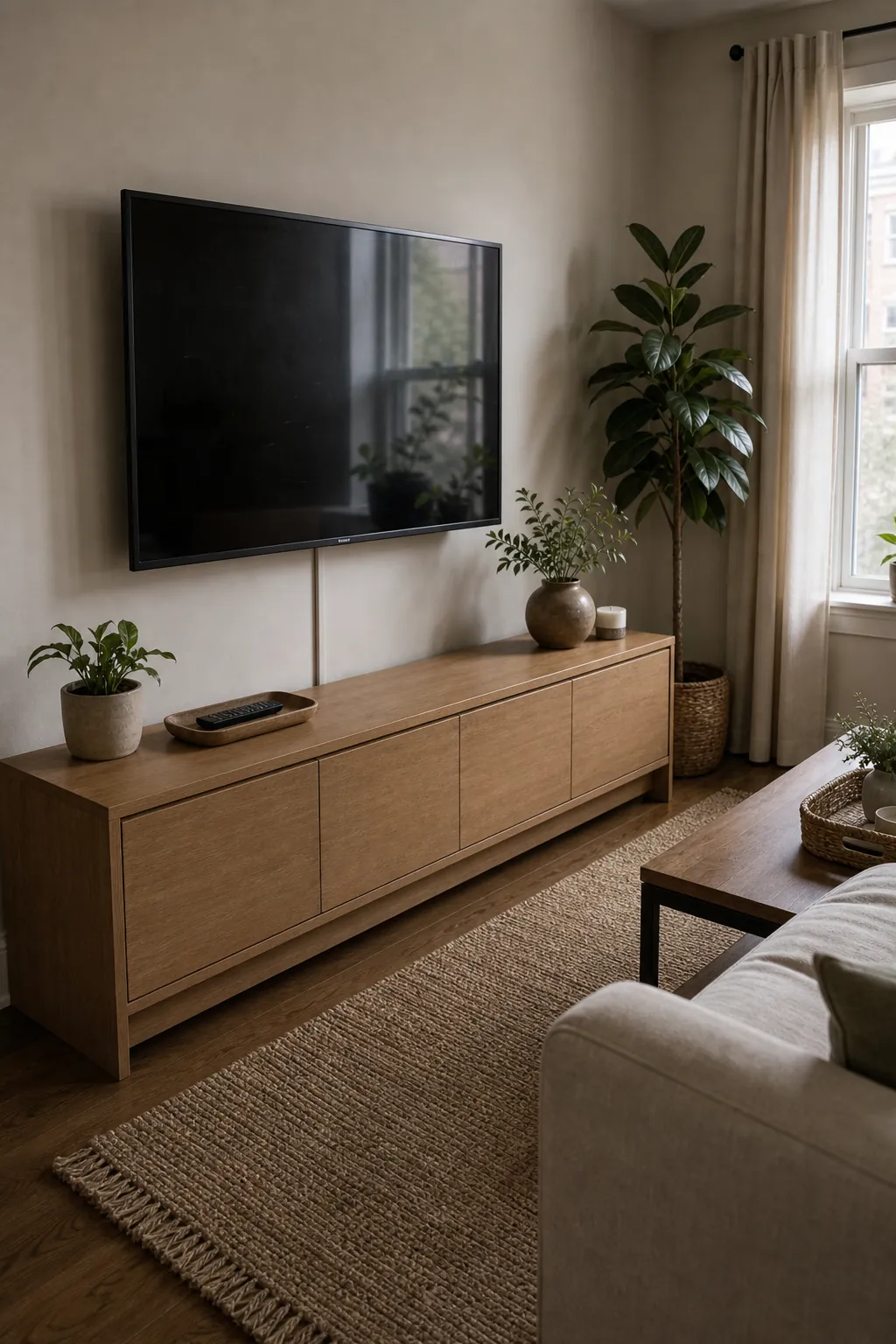 Small living room with a closed TV console hiding everyday clutter