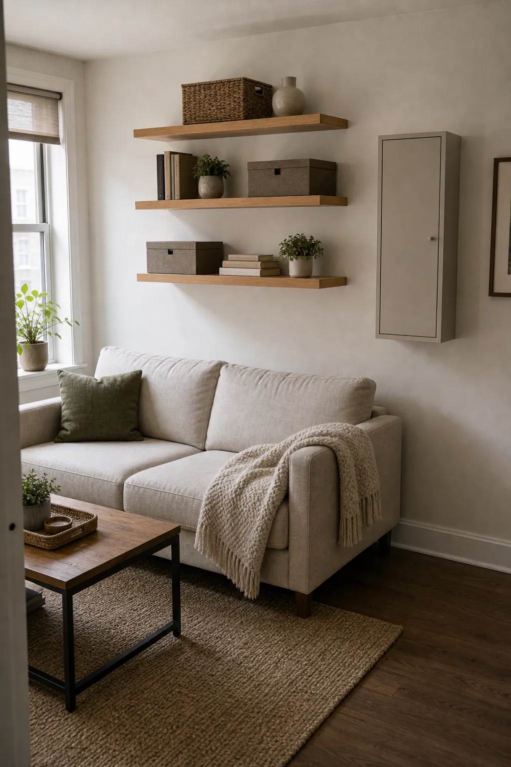 Vertical wall storage with floating shelves in a small living room