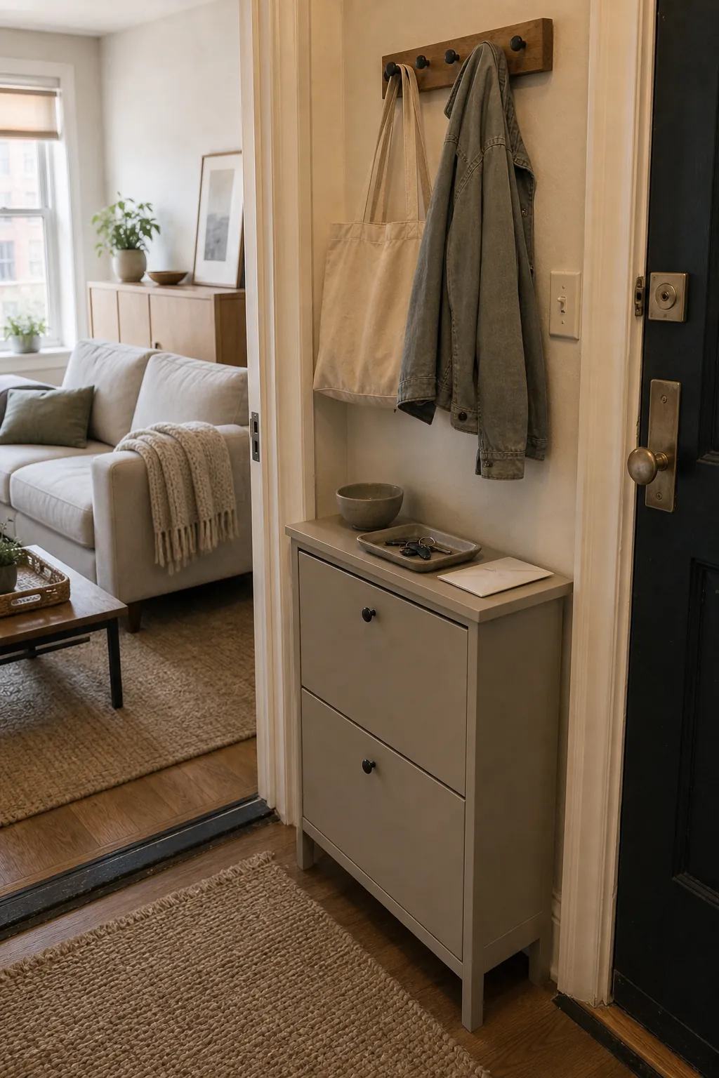 Shallow entry cabinet keeping clutter out of a small living room