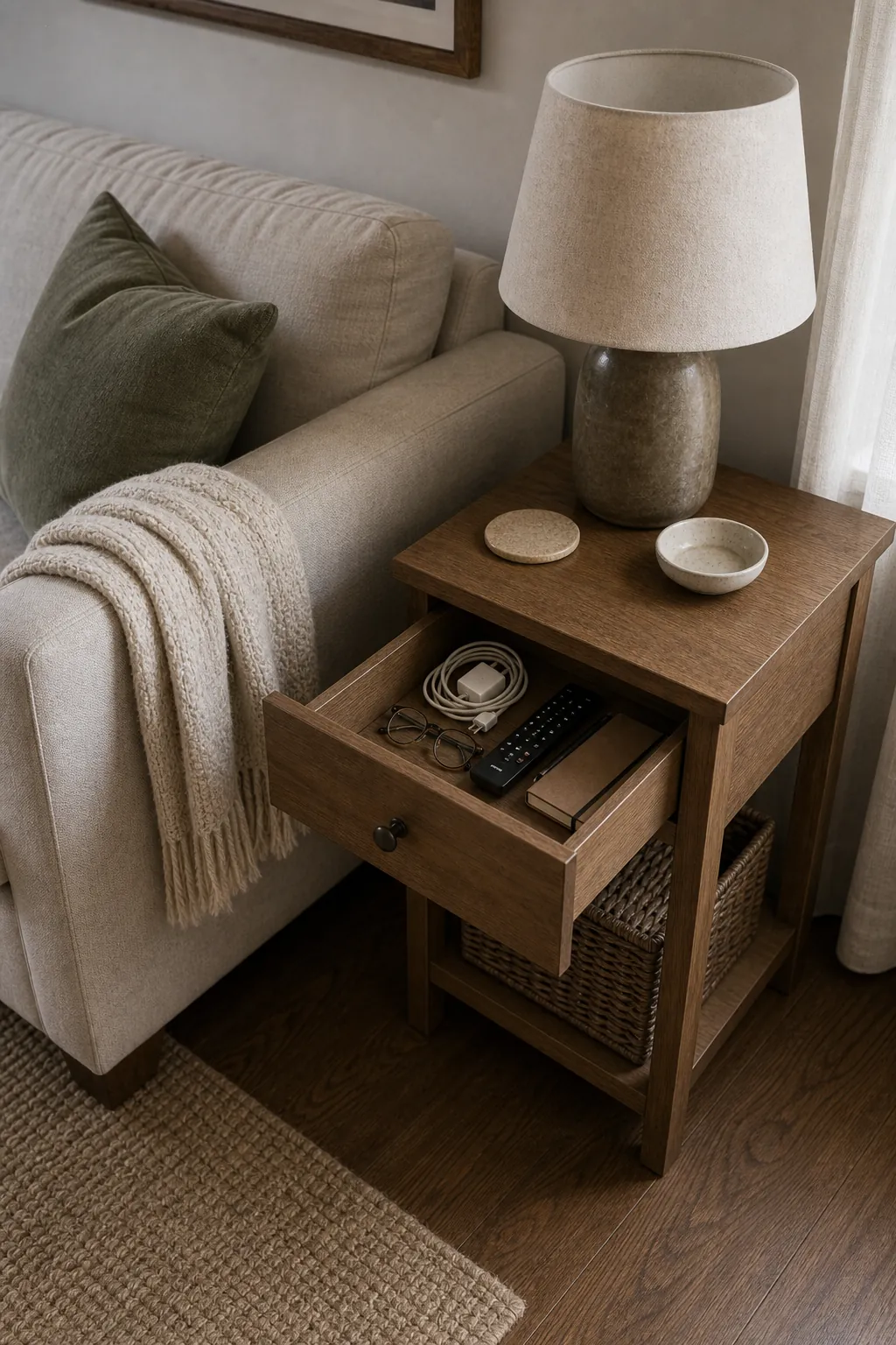 Side table drawer hiding chargers and remotes beside a small sofa