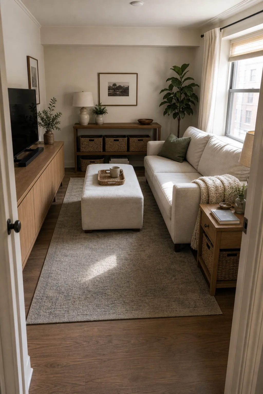 Calm small living room after a five minute clutter reset