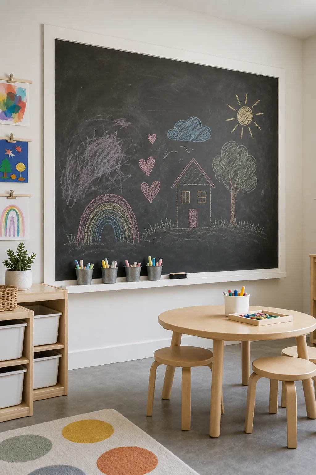 Framed chalkboard wall panel with chalk rail in a playroom