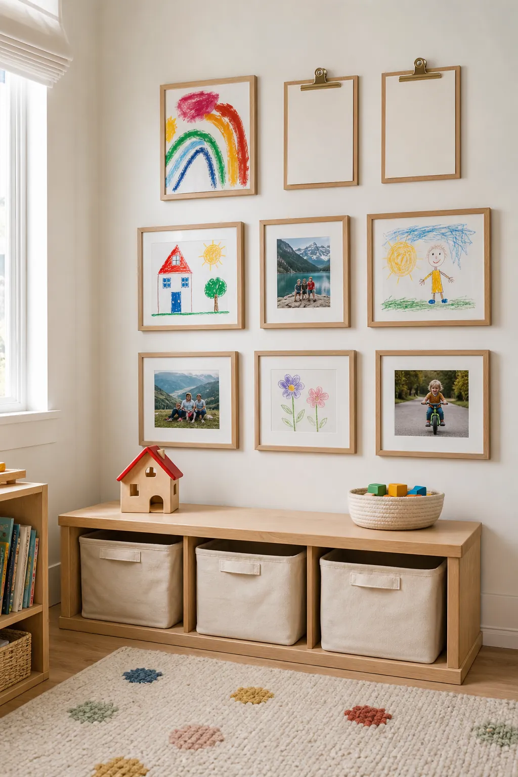 Kid-height playroom gallery wall with framed art and child drawings